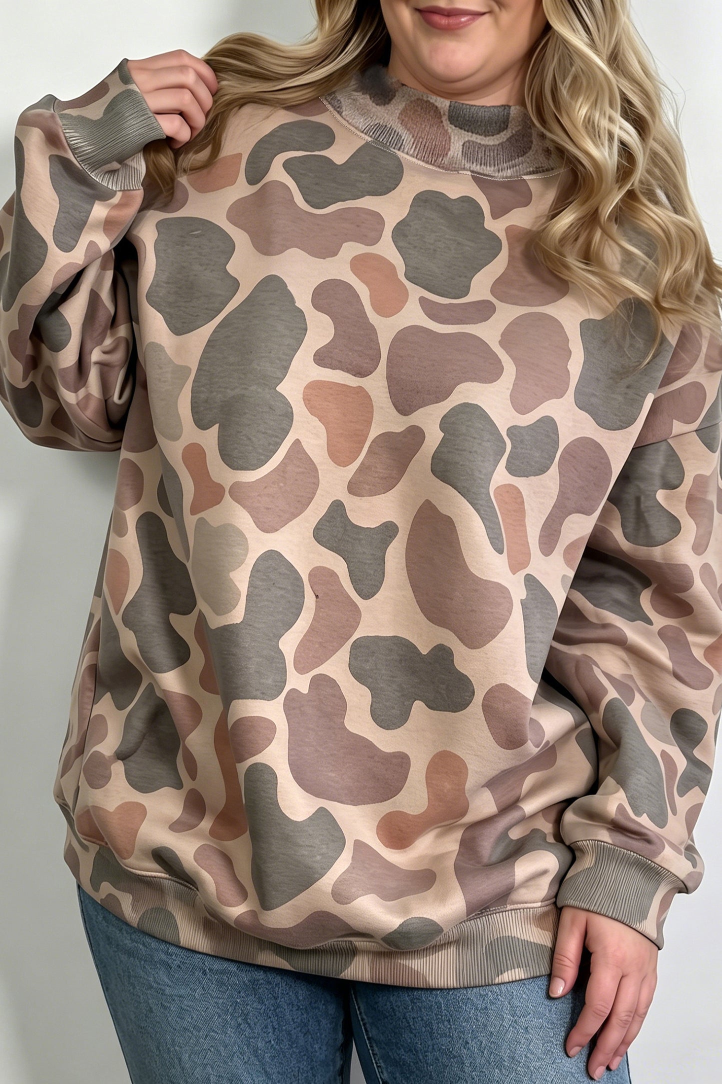 Multicolor Camo Print Oversized Mock Neck Sweatshirt 1X–4X