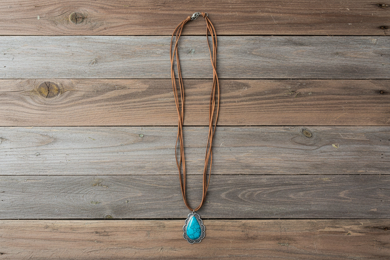 Silver and Turquoise Pendant on Faux Brown Leather