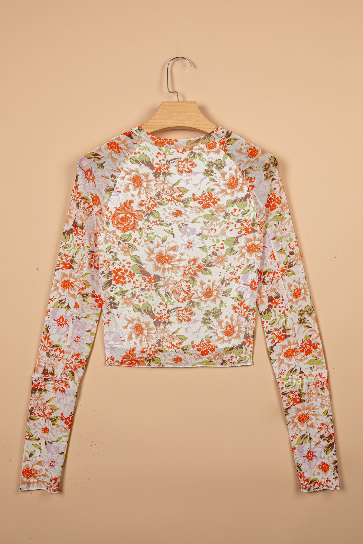Multicolor Floral Mesh Thumbhole Long Sleeve Mesh Top