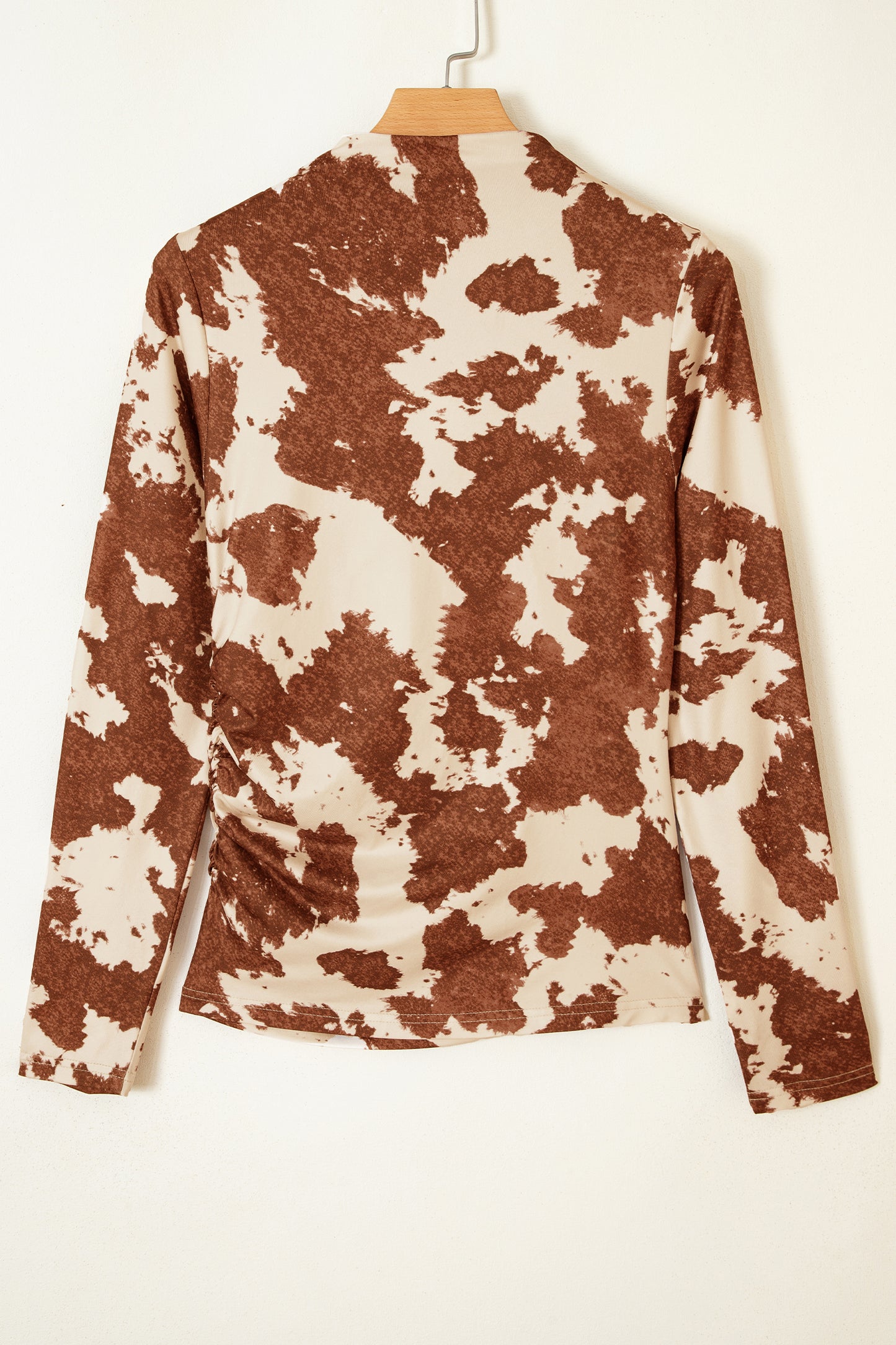 Brown Western Cow Print High Neck Long Sleeve Mesh Top