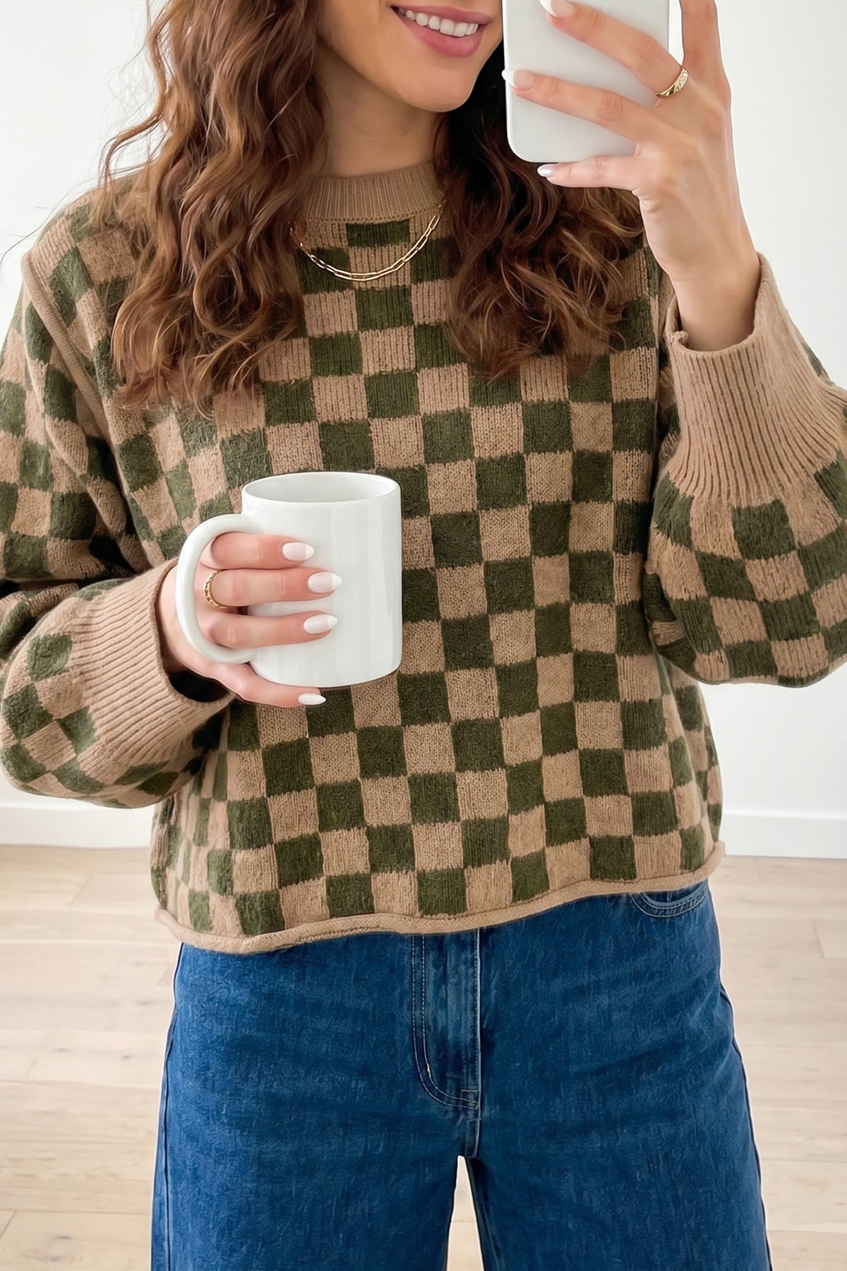 Brown Two Tone Drop-Shoulder Checkered Knit Sweater