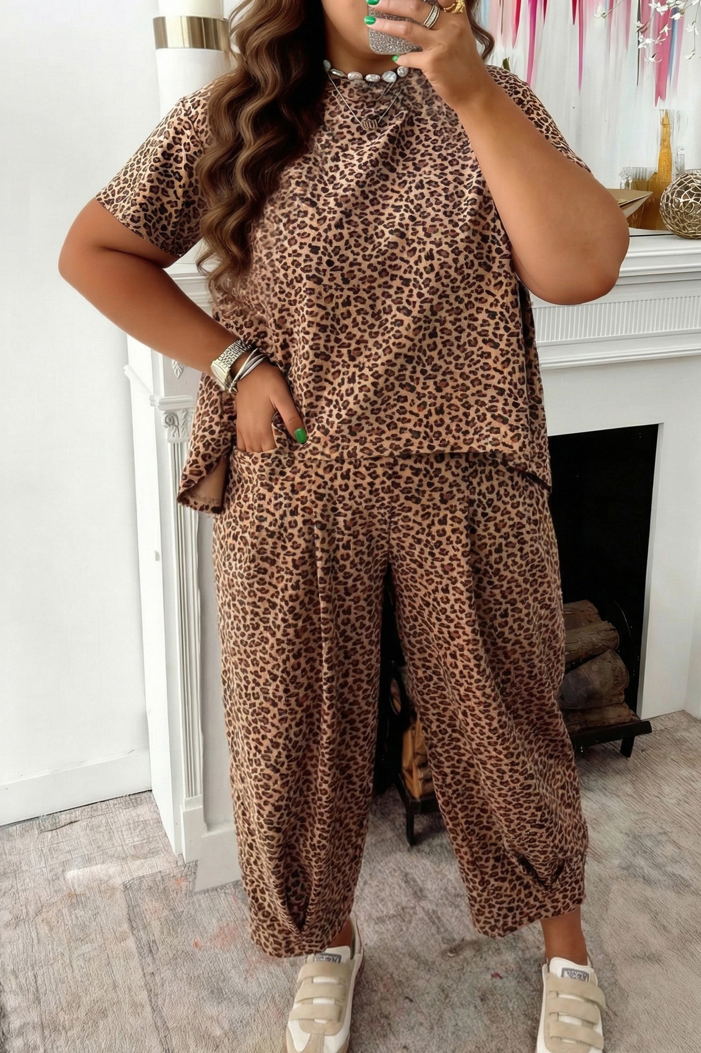 Brown Leopard Plus Size Top & Pleated Pants Set