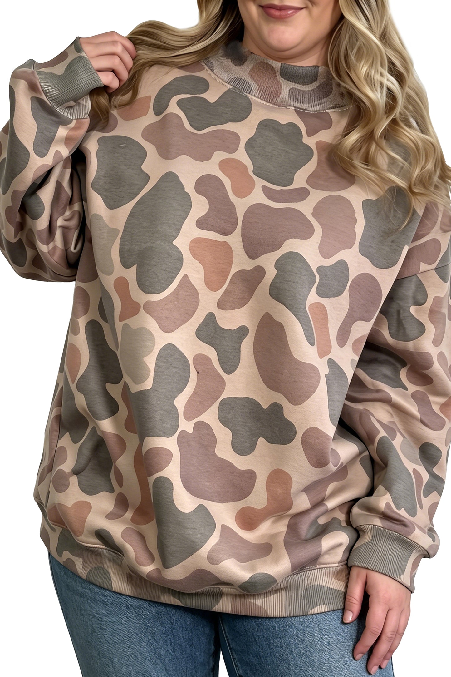 Multicolor Camo Print Oversized Mock Neck Sweatshirt 1X–4X