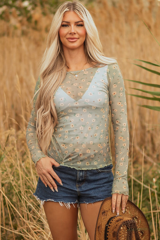 Vintage Floral Print  Mesh Long Sleeve Top