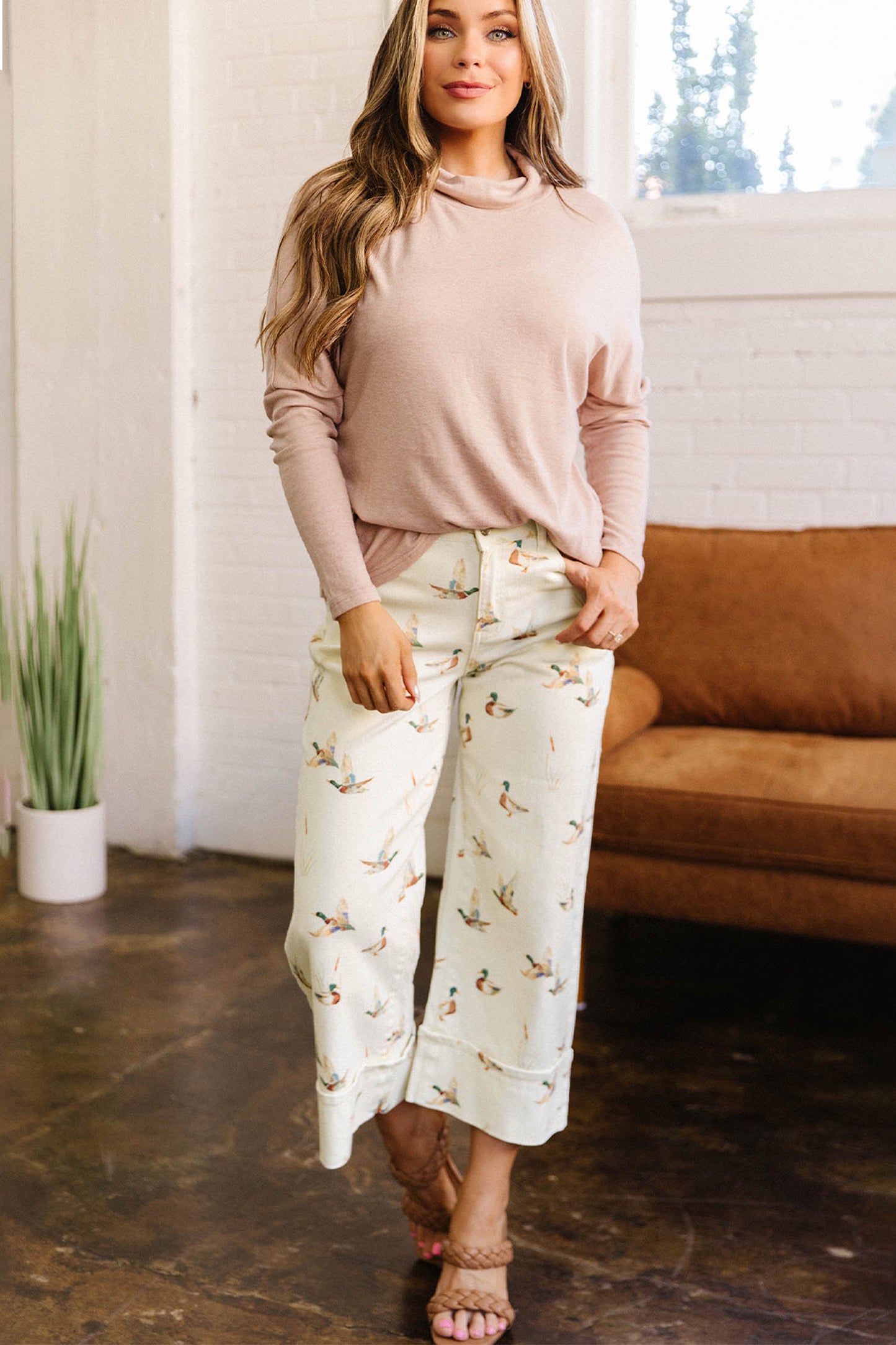 Beige Mallard Printed Cuffed Hem Jeans