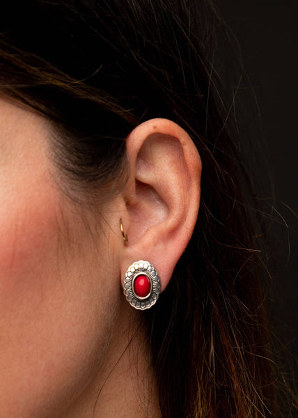 Small Burnished Silver & Red Flower Concho Post Earring