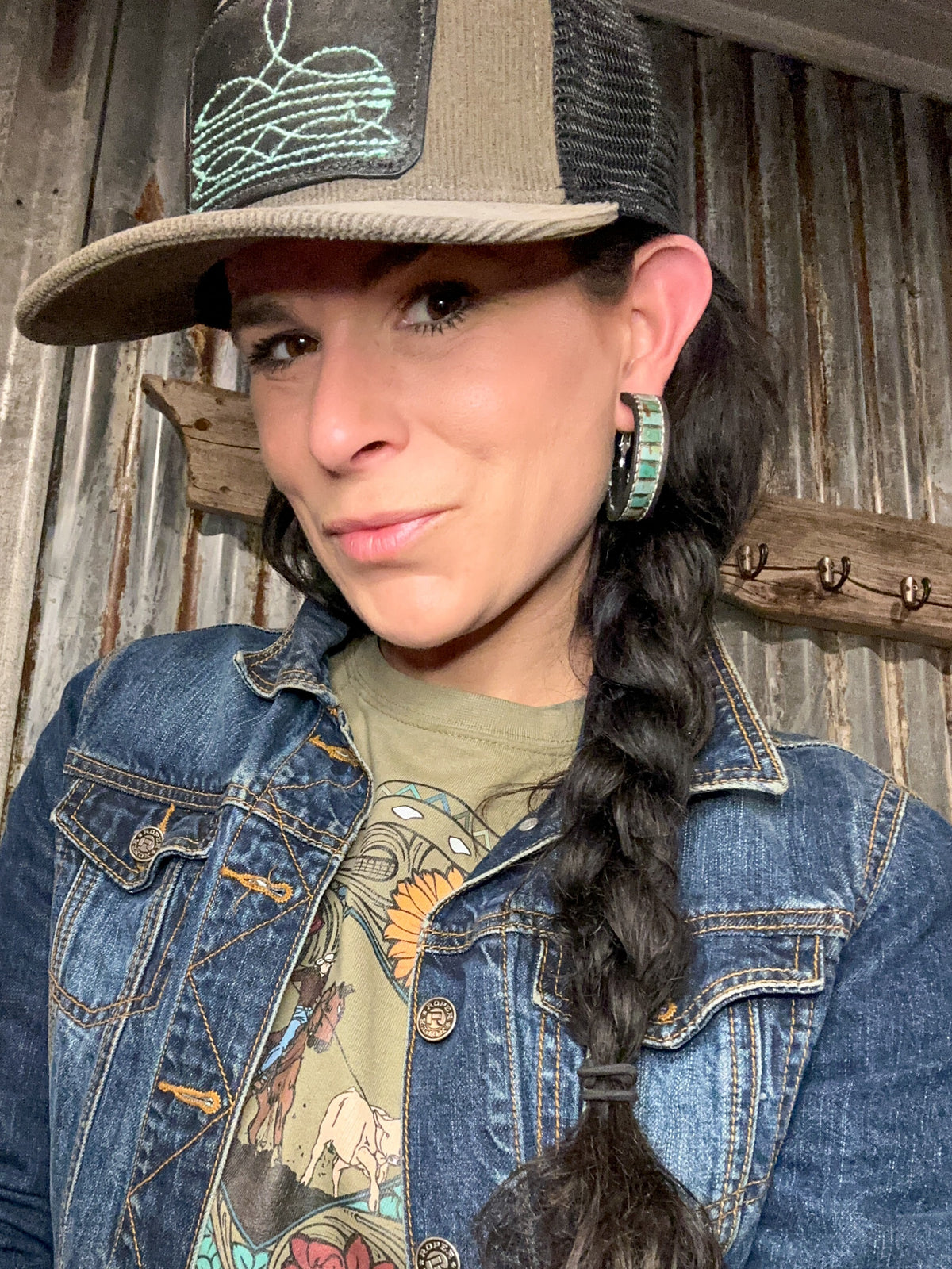 Vera Hoops — Hand-Tooled Turquoise Leather Earrings