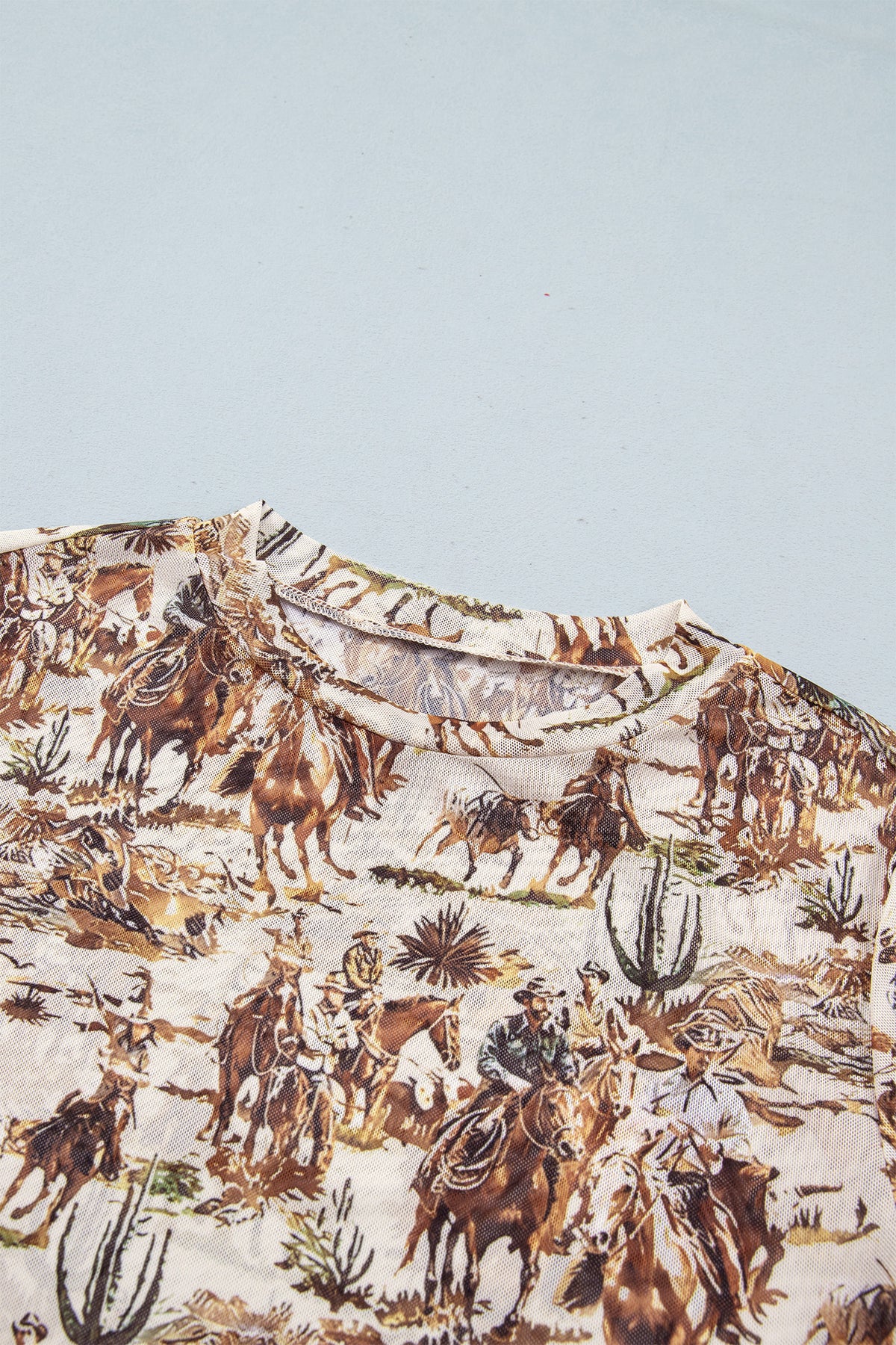 Brown or Beige  Western Cowboy & Floral Sheer Mesh Long Sleeve Top