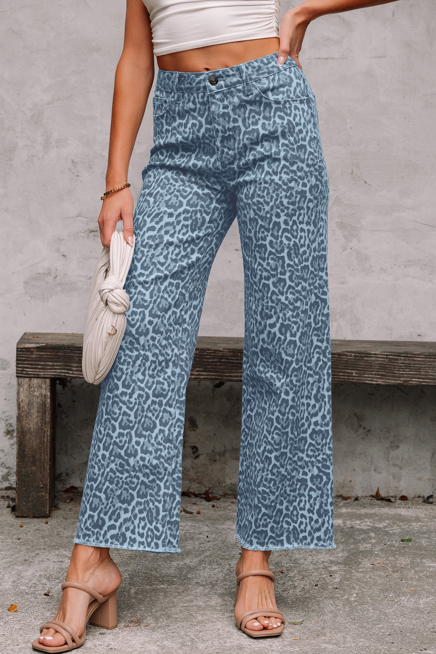 Leopard Frayed Wide Leg Jeans Multiple Colors
