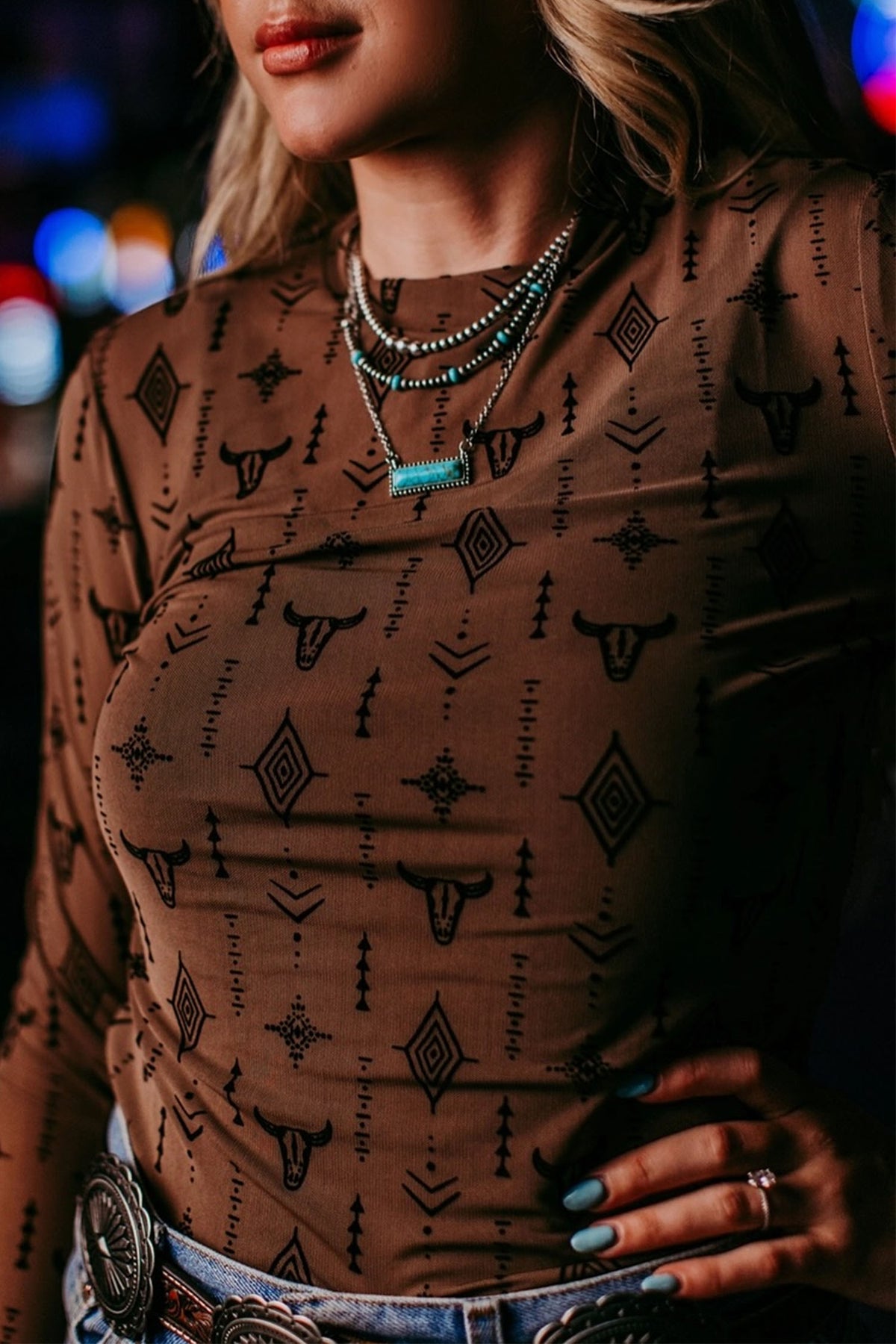 Western Print Sheer Mesh Long Sleeve Top