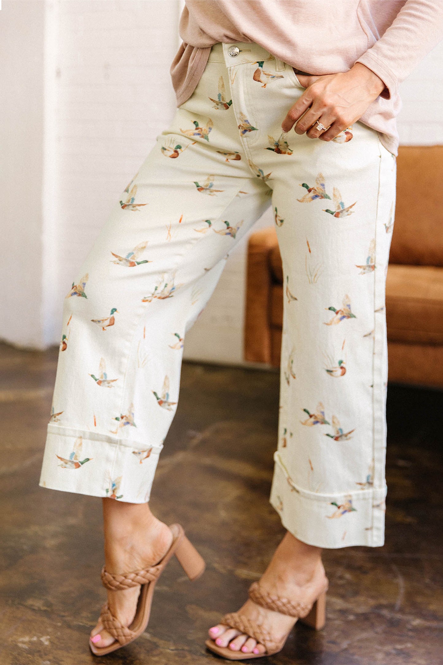 Beige Mallard Printed Cuffed Hem Jeans