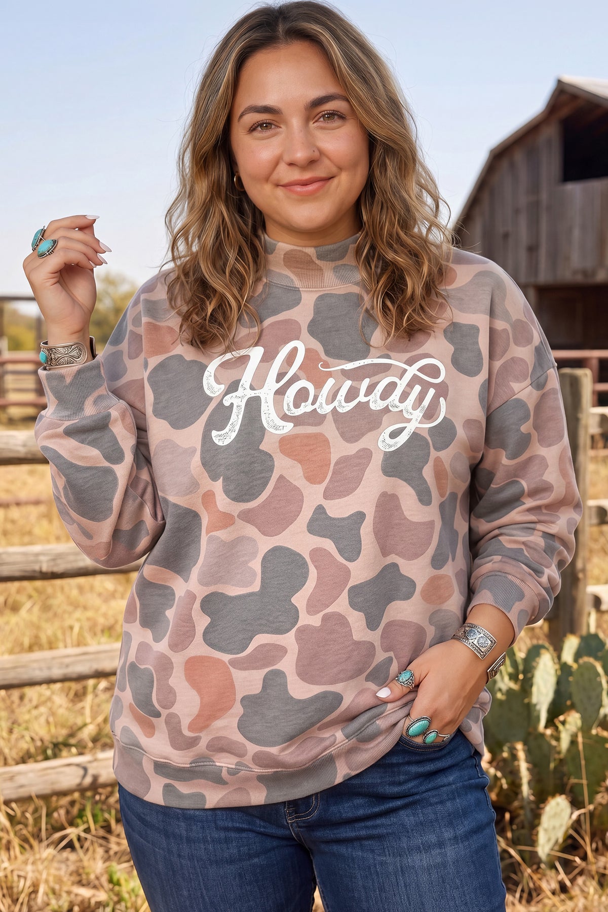 Khaki Camo Howdy Western Graphic Crewneck