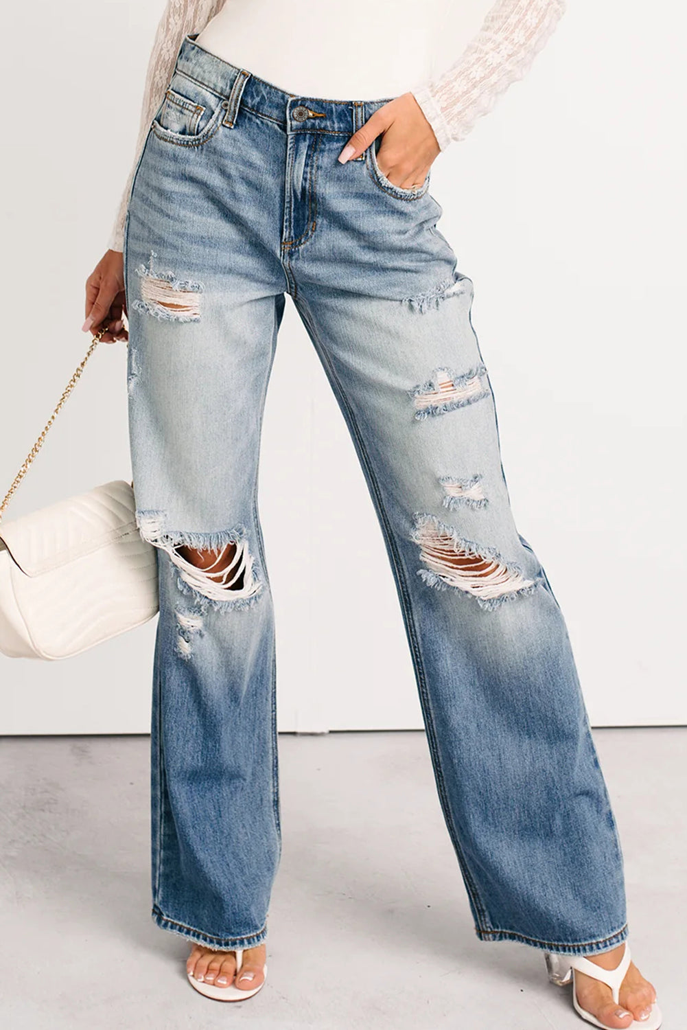 Mid Rise Distressed Sneak Peek Straight Leg Jeans 👖✨