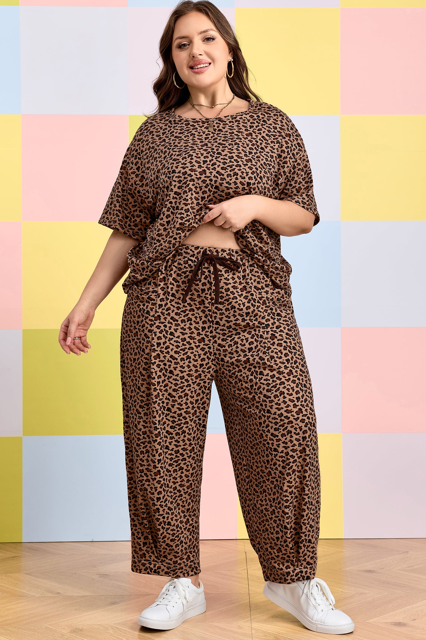 Brown Leopard Plus Size Top & Pleated Pants Set