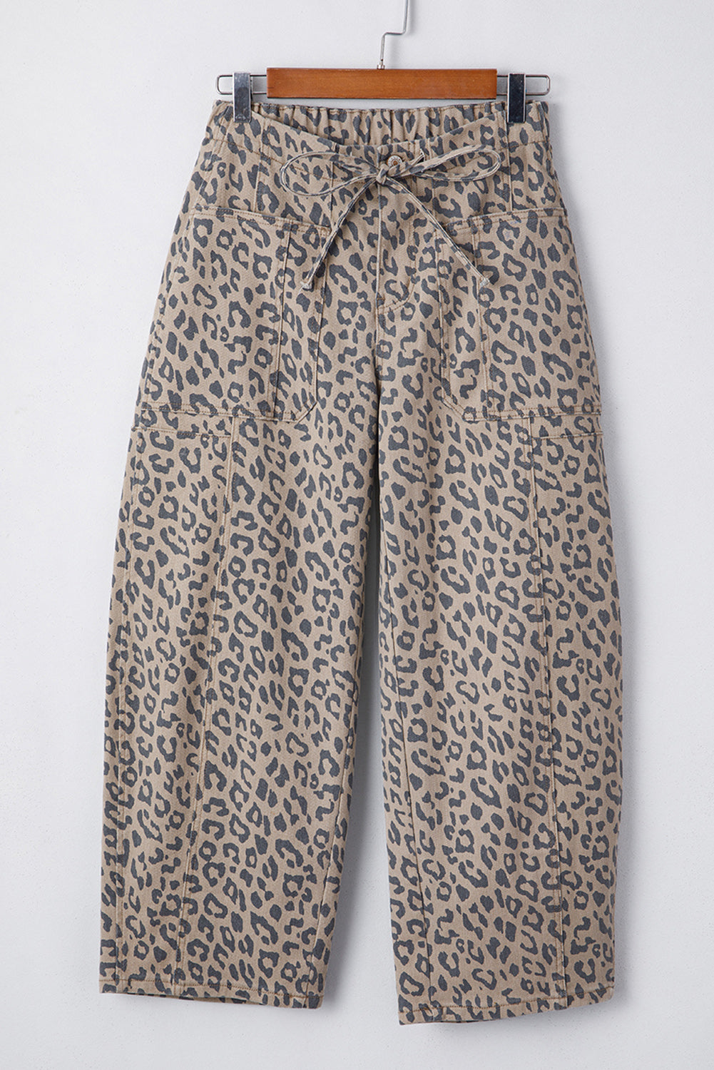 Khaki Leopard Printed Drawstring Elastic Waistband Pocketed Barrel Jeans