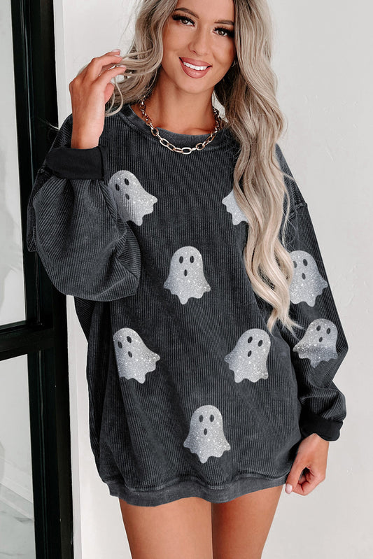 Halloween Ghost Corded Crew Neck  Sweatshirt (Black or Pink)