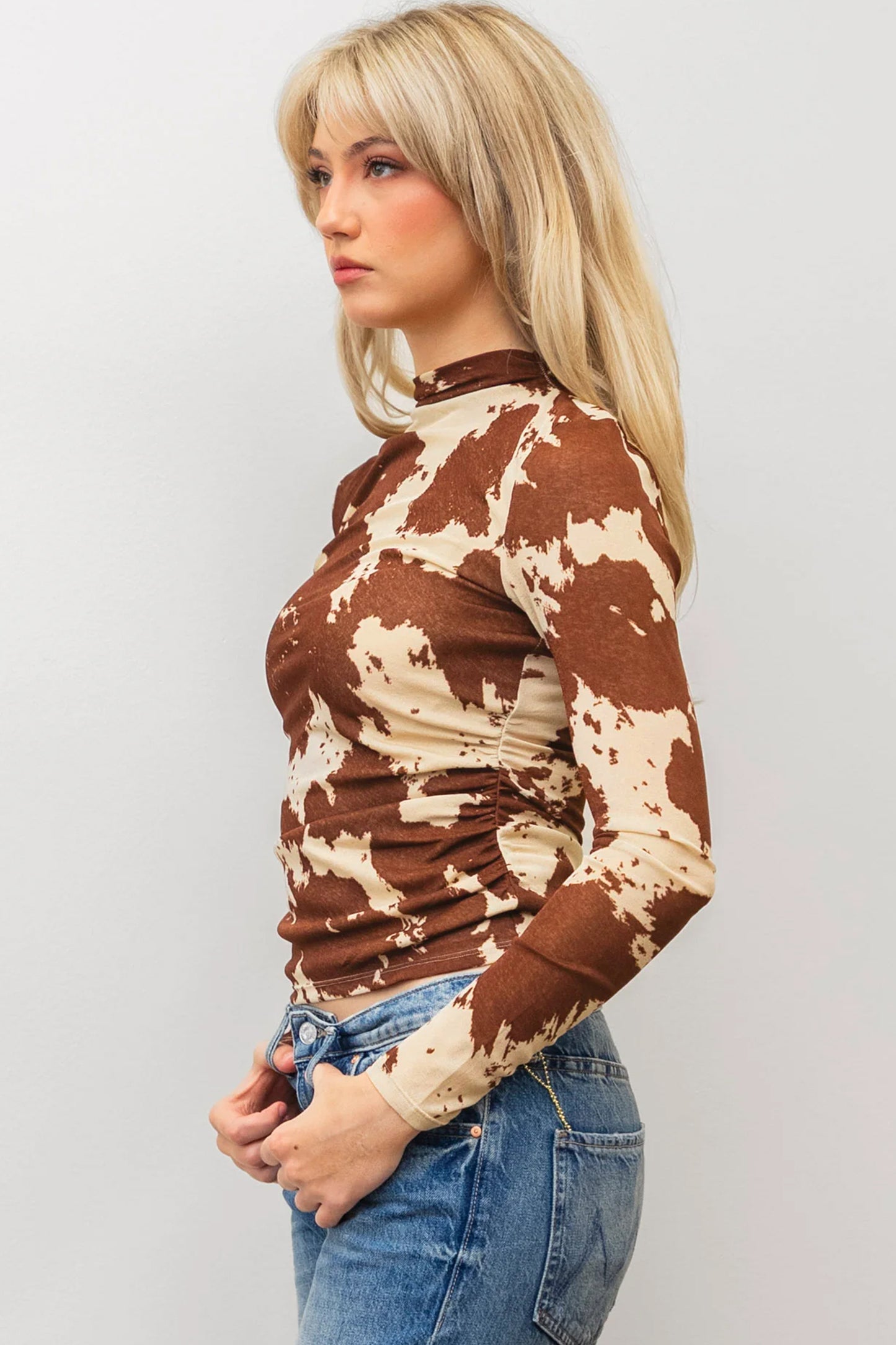 Brown Western Cow Print High Neck Long Sleeve Mesh Top