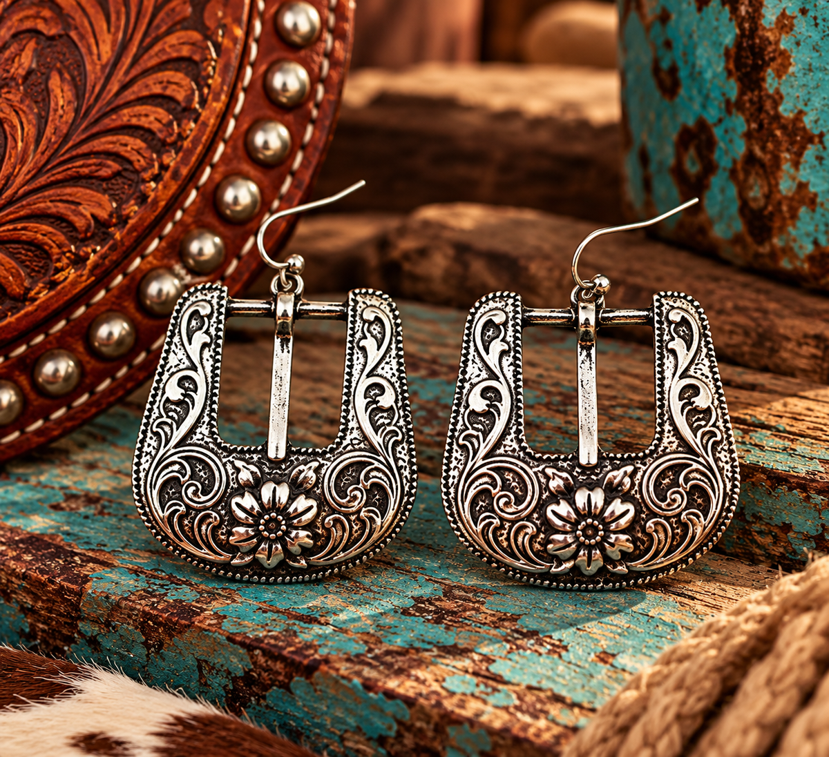 Western Ornate Belt Buckle Dangle Earrings