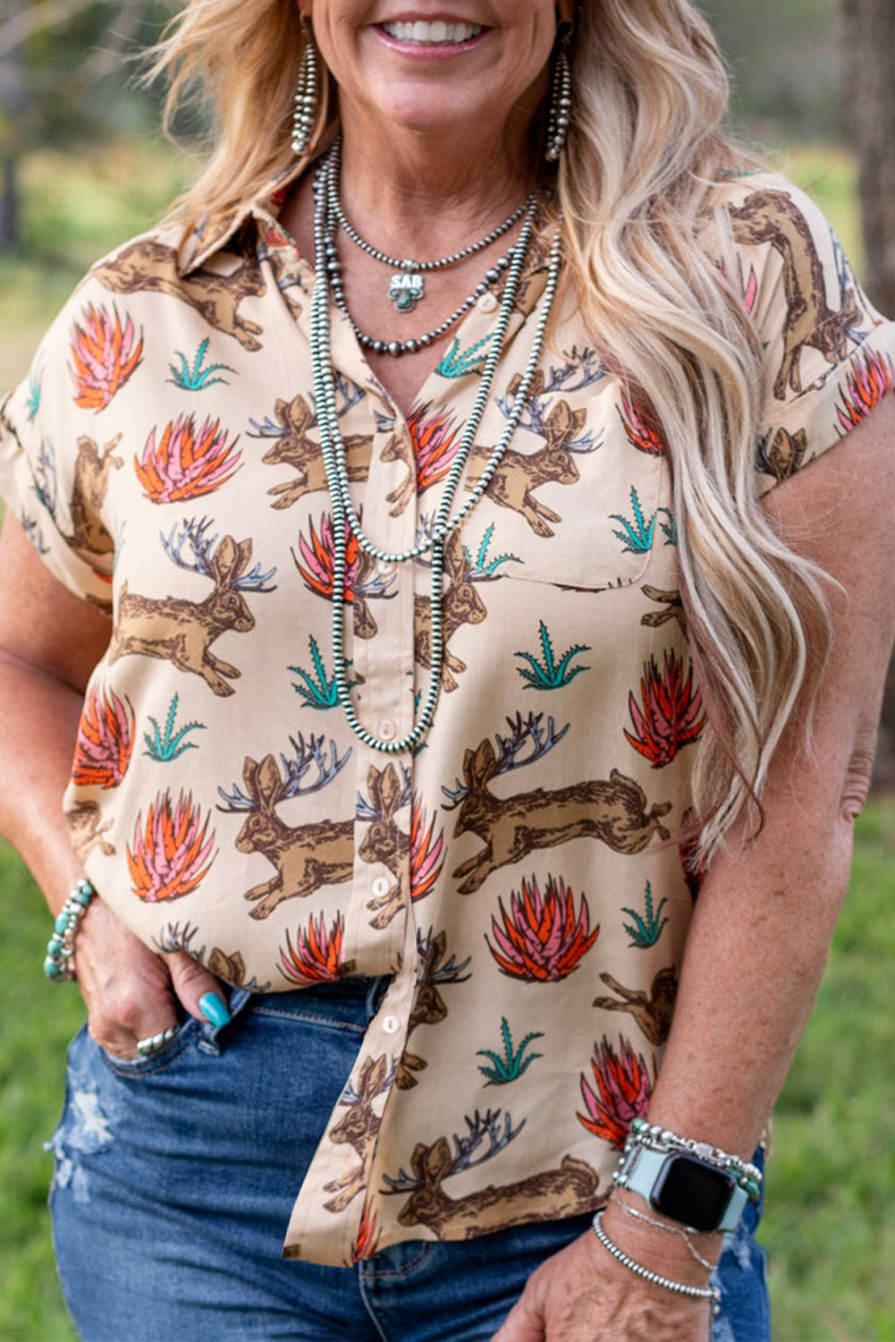 Khaki Plus Size Western Print Button-Up Shirt 🤍🌵