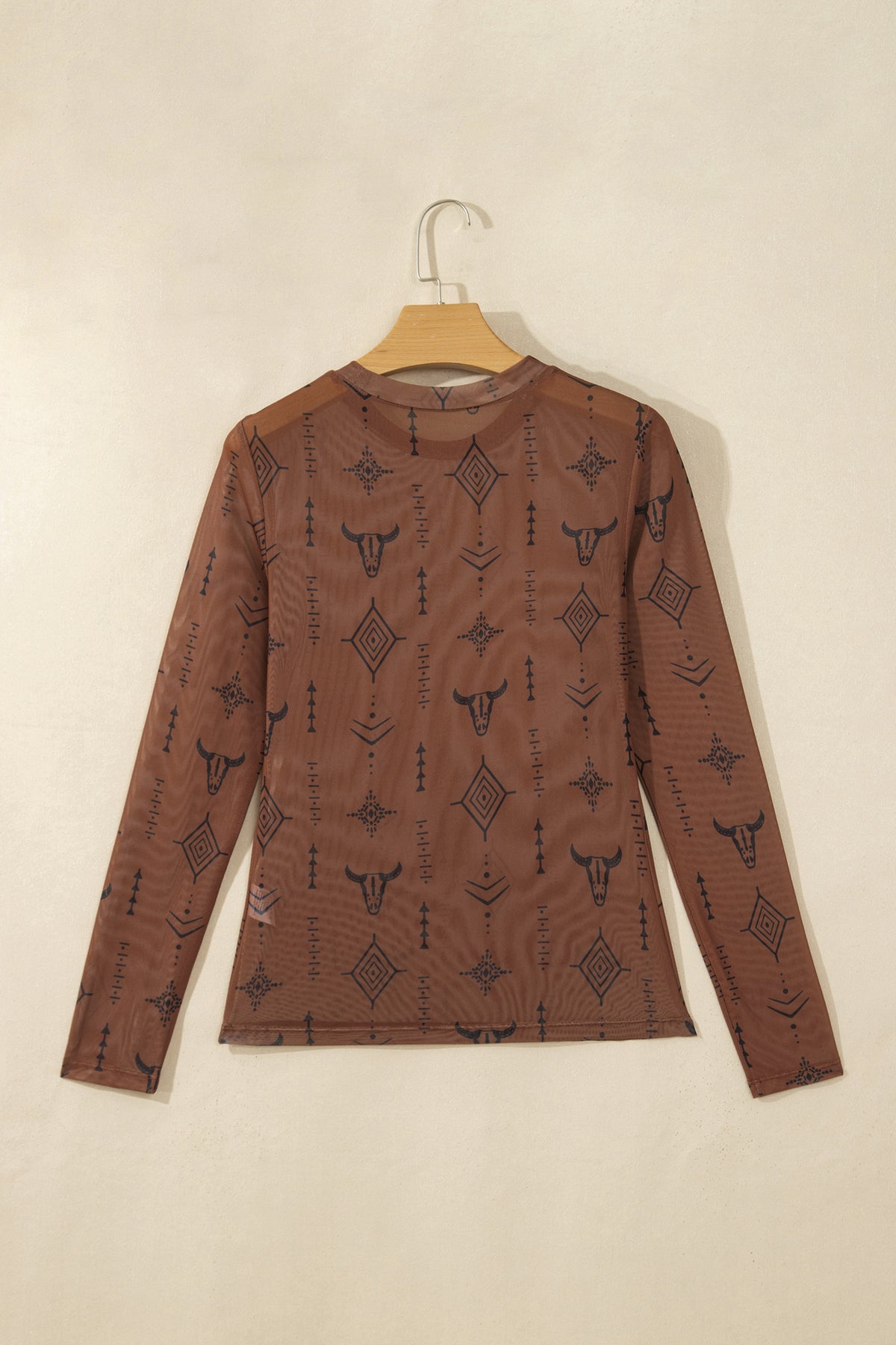 Western Print Sheer Mesh Long Sleeve Top