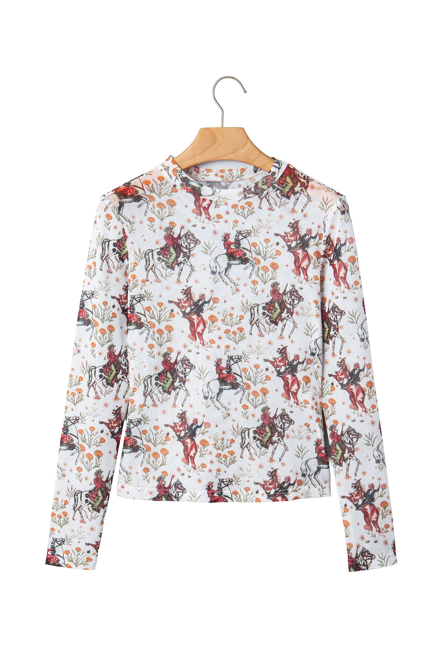 Brown or Beige  Western Cowboy & Floral Sheer Mesh Long Sleeve Top