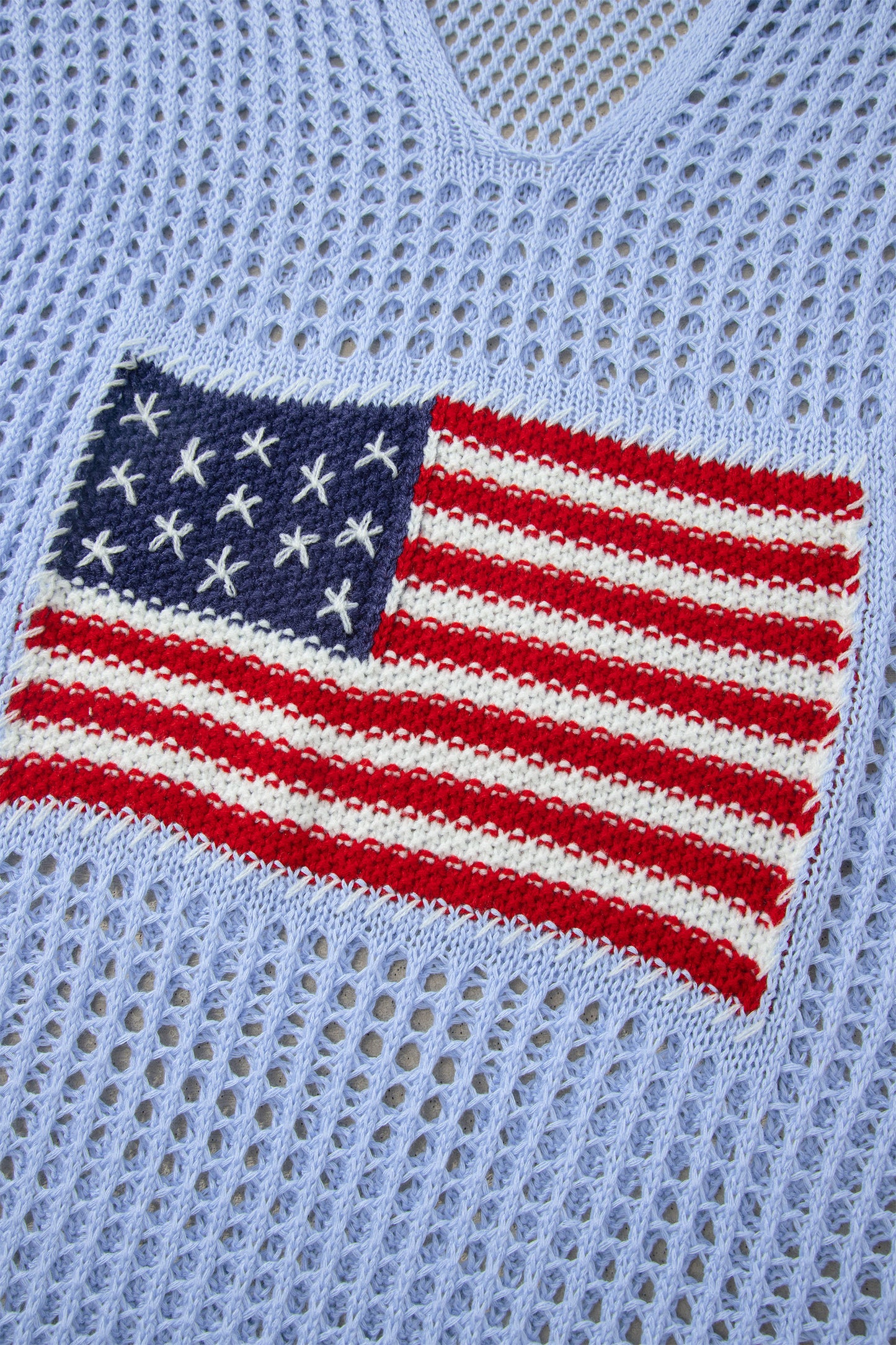 White Hollow Out Crochet Knit American Flag Patched Sweater Hoodie
