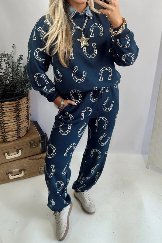 Blue Western Horseshoe Print 2-Piece Pant Set | Women's Western Clothing