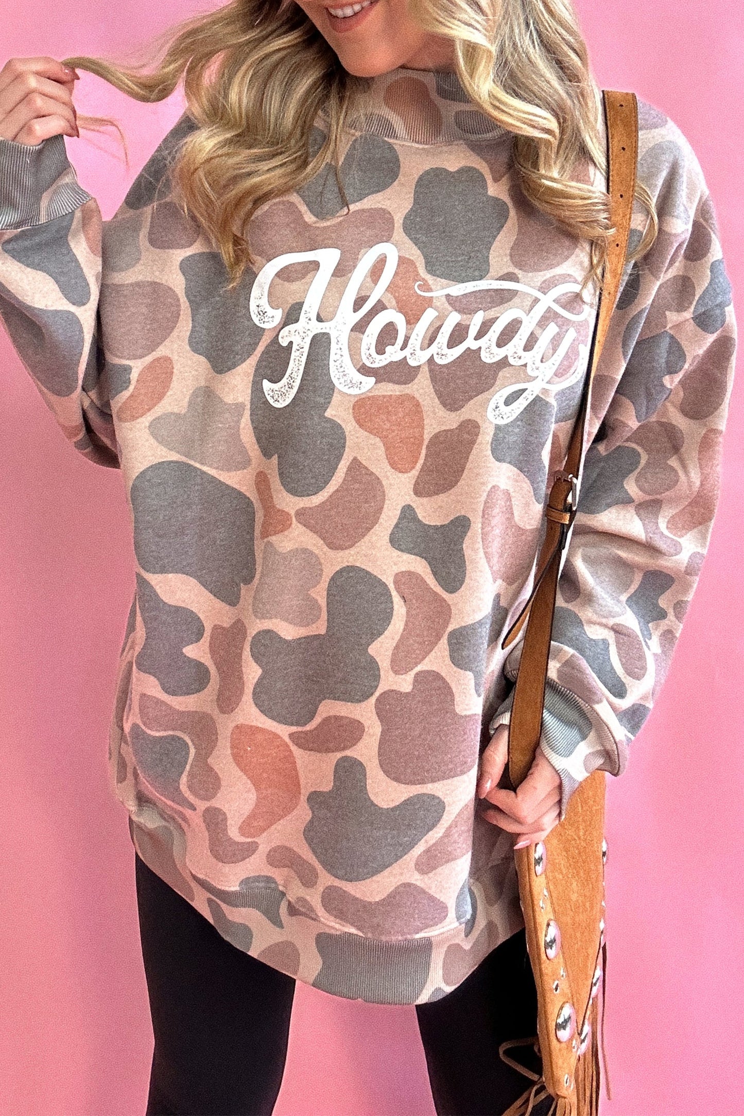 Multicolour Camo Print Howdy Western Style Baggy Pullover Sweatshirt