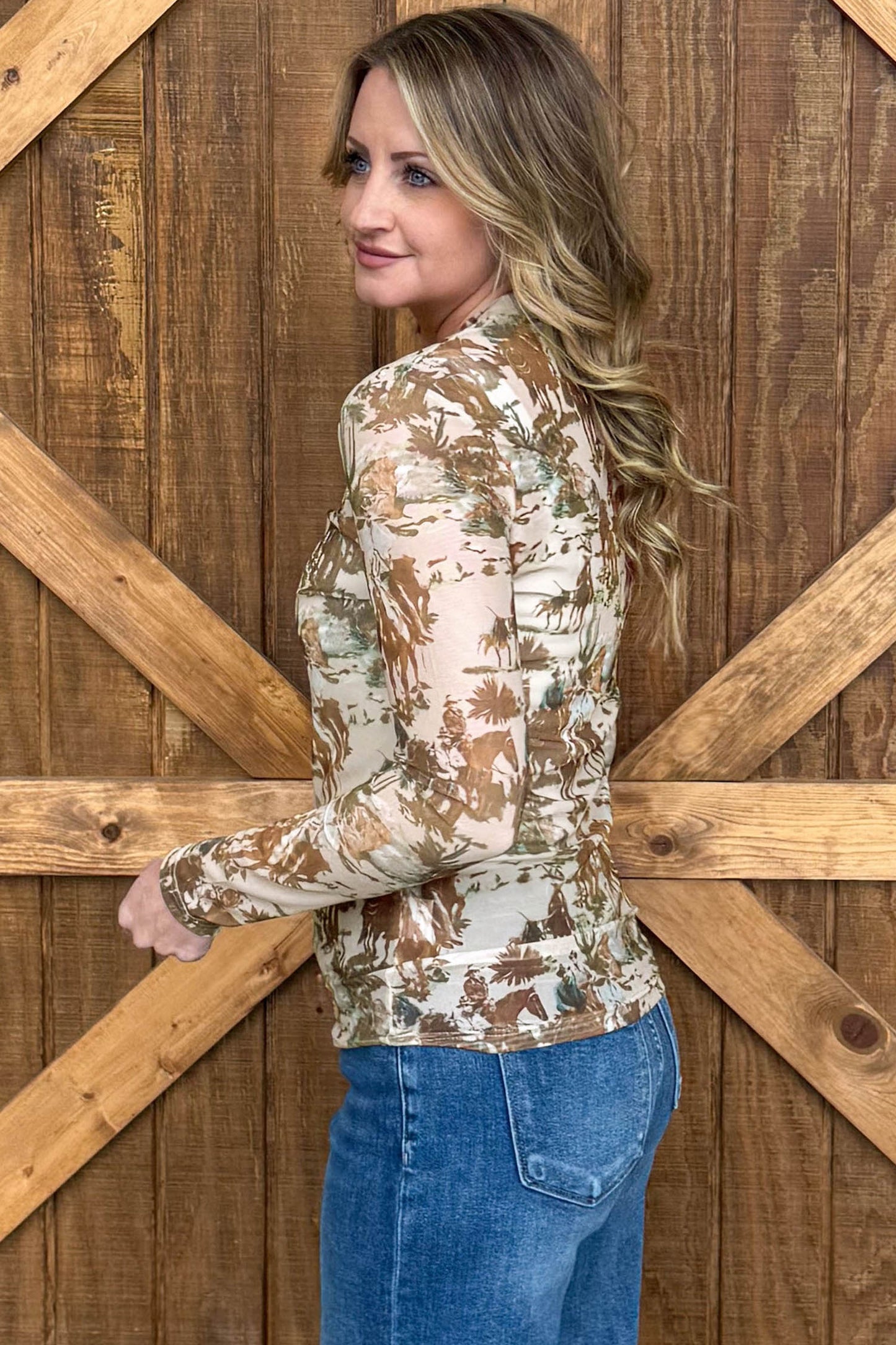 Brown or Beige  Western Cowboy & Floral Sheer Mesh Long Sleeve Top