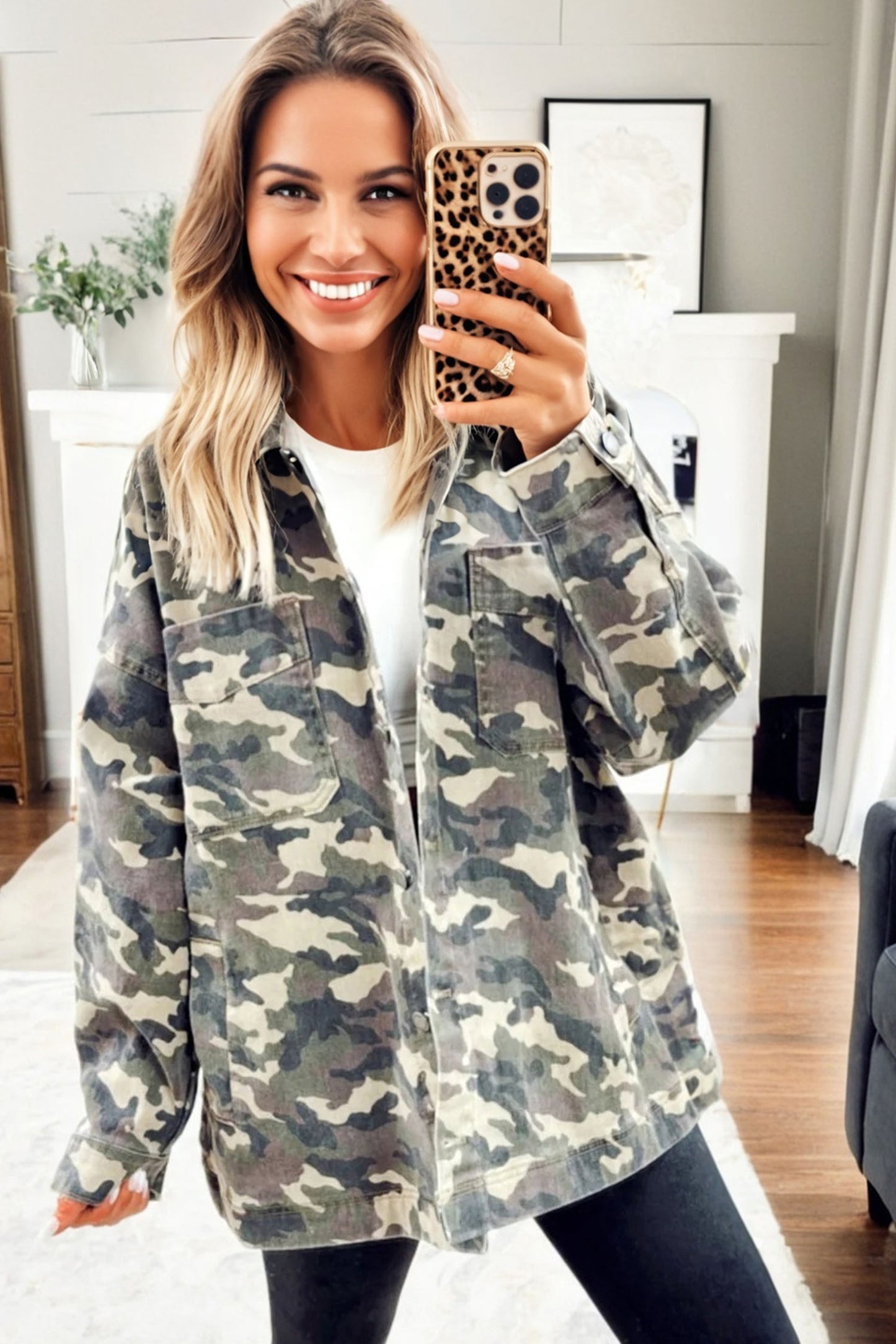 Women’s Green Camo Loose Fit Jean Jacket with Chest Pockets