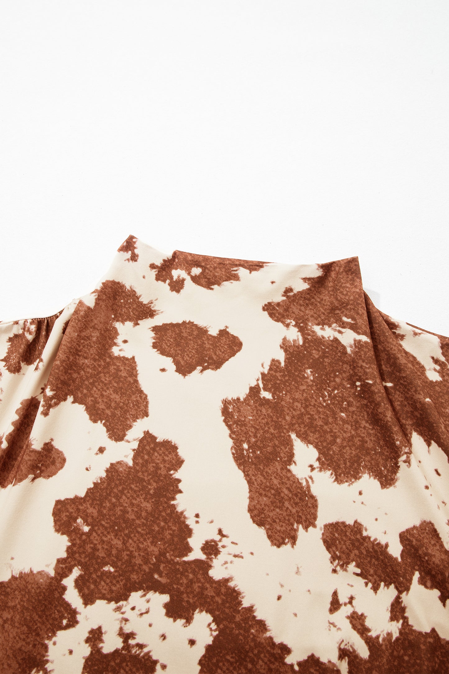 Brown Western Cow Print High Neck Long Sleeve Mesh Top