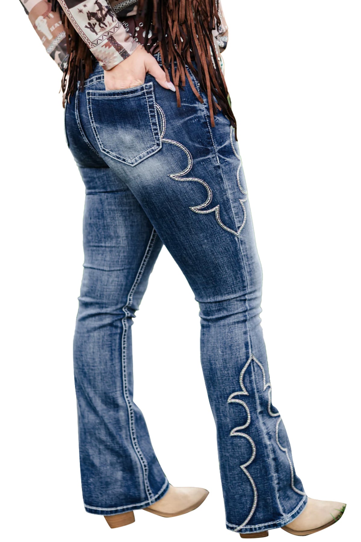 Blue Western Embroidered Flare Jeans