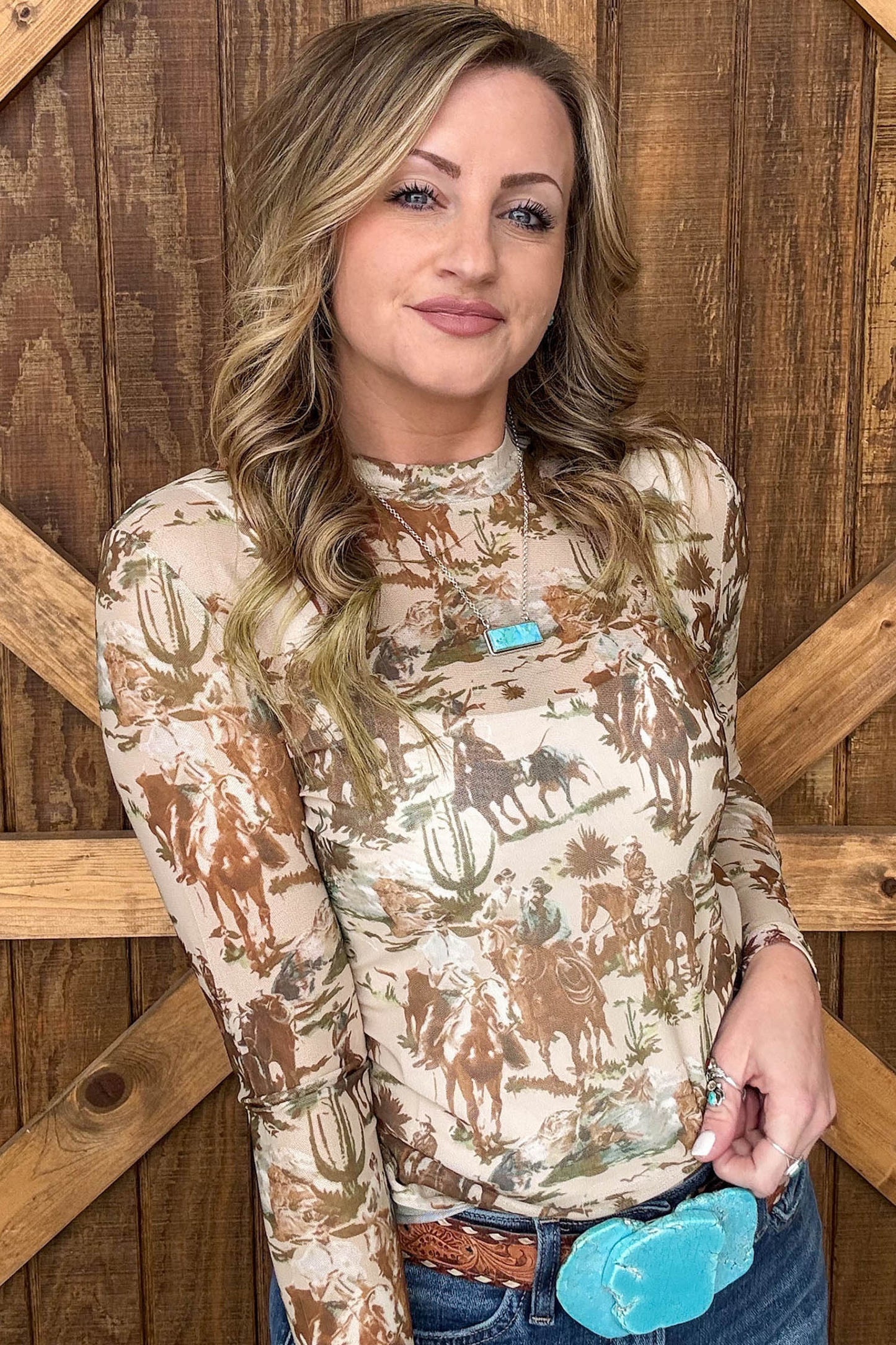 Brown or Beige  Western Cowboy & Floral Sheer Mesh Long Sleeve Top