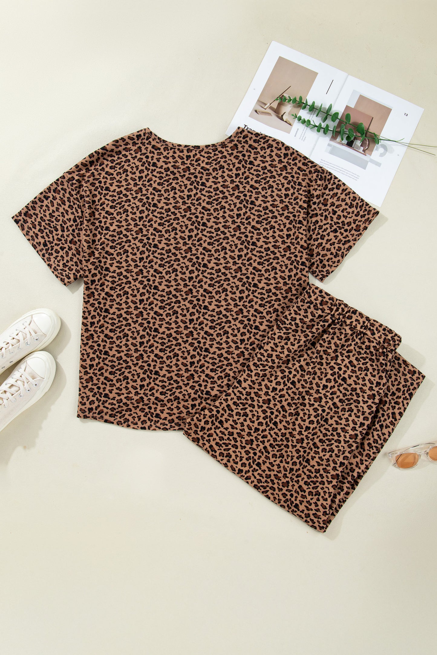 Brown Leopard Plus Size Top & Pleated Pants Set
