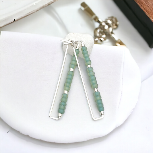 Rectangle Silver Earrings with Sea Glass Color Seed Beads
