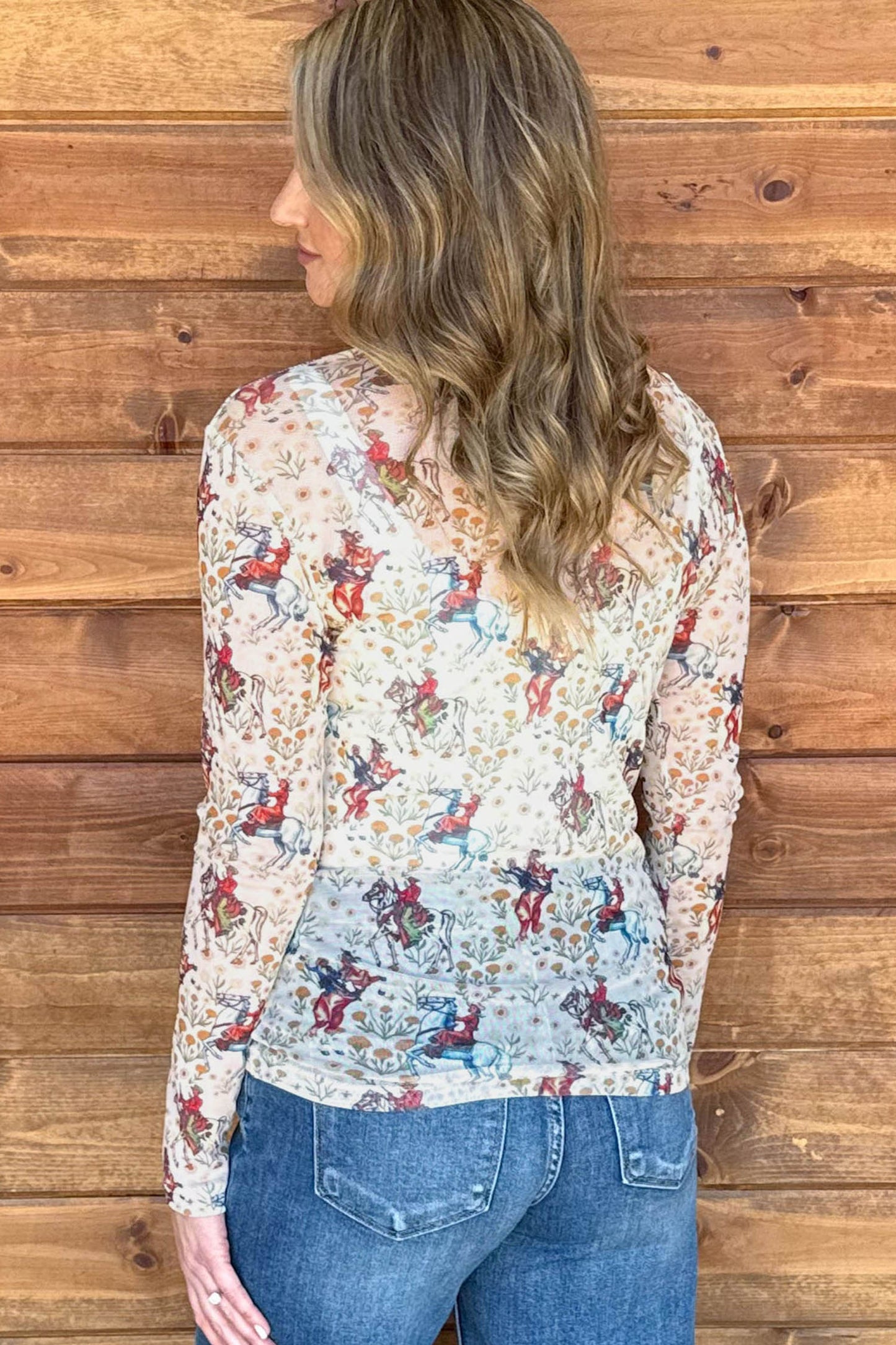 Brown or Beige  Western Cowboy & Floral Sheer Mesh Long Sleeve Top