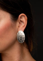 Oval Burnished Silver Stamped Post Earrings