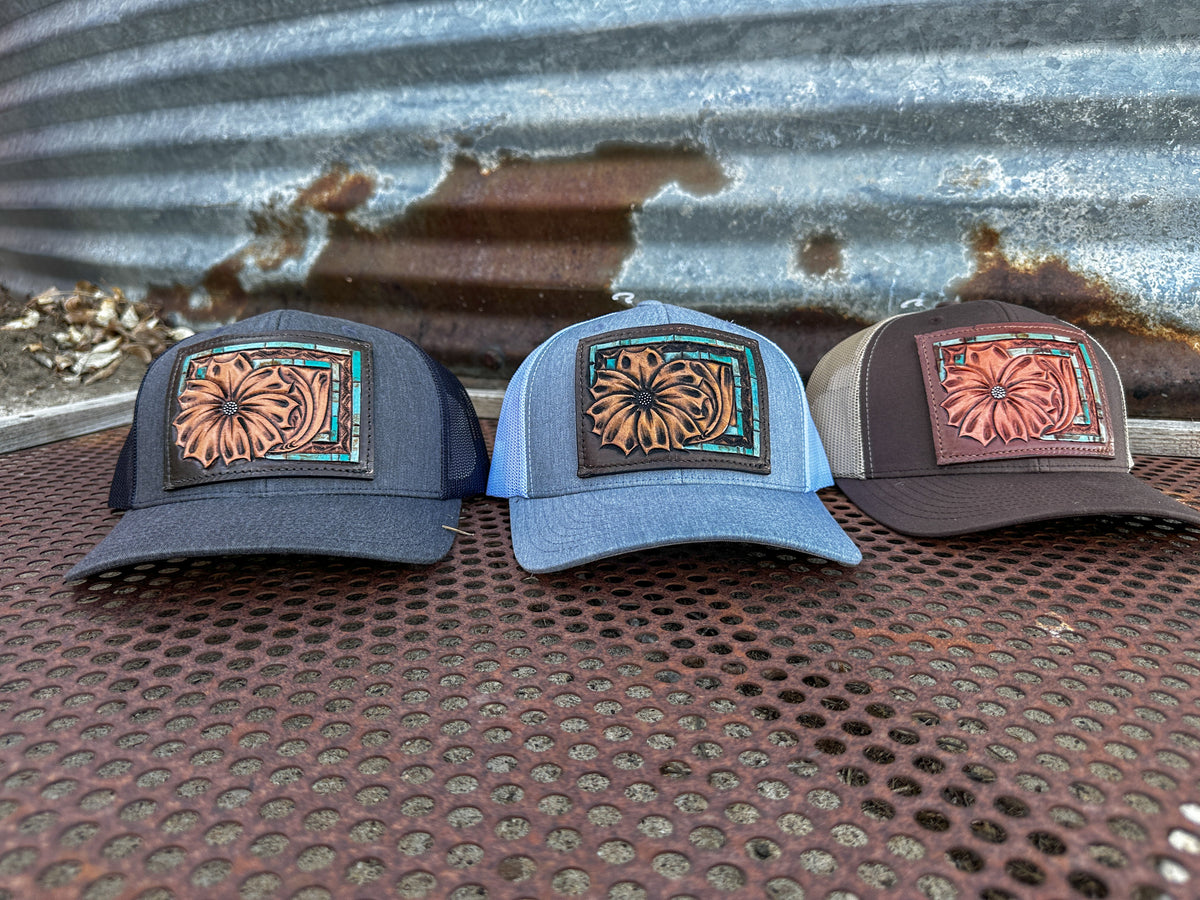 The Daisy Handtooled Leather Patch Cap with Turquoise Southwestern Border