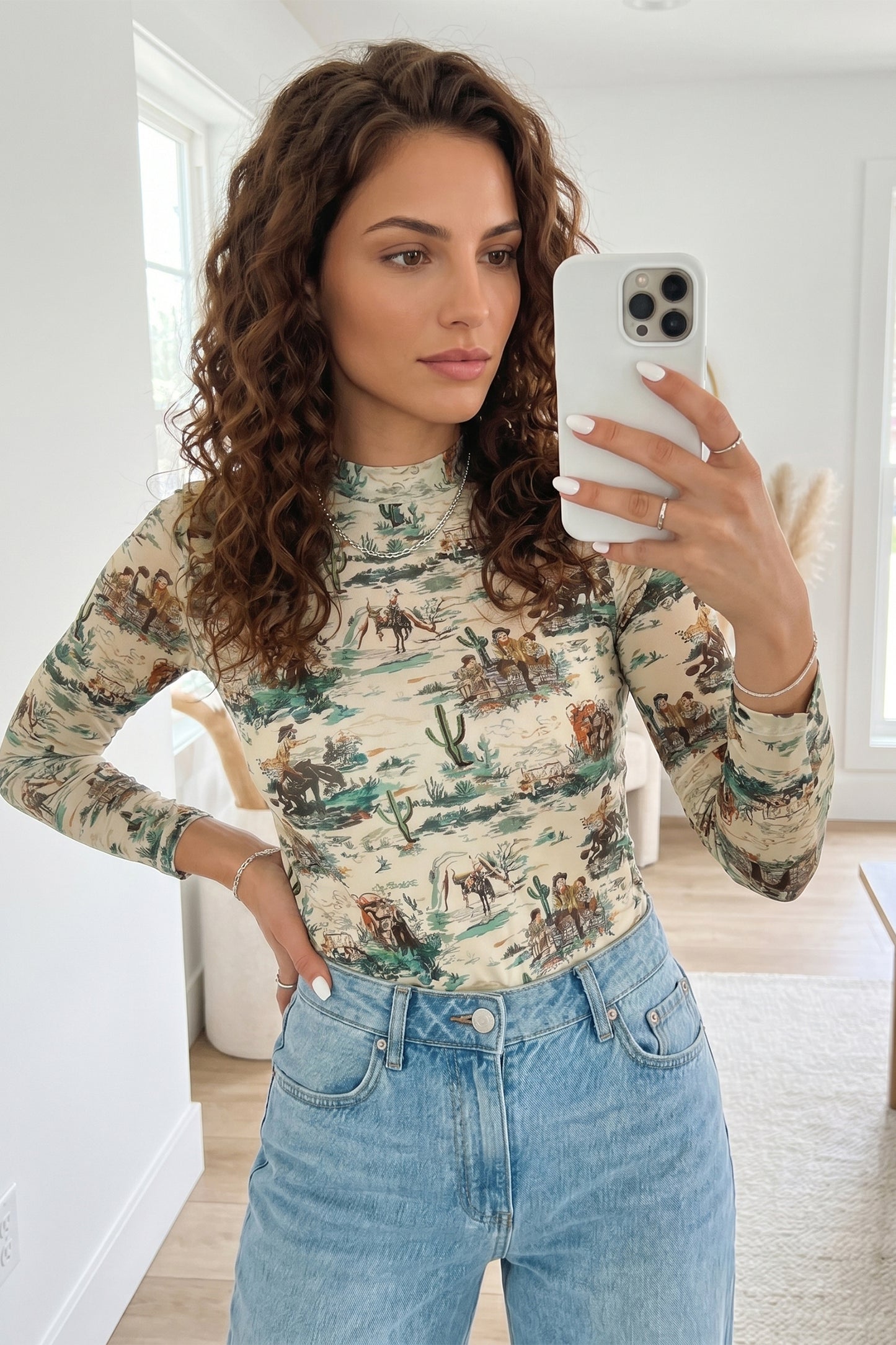 Green Western Print Long Sleeve Round Neck Slim Top