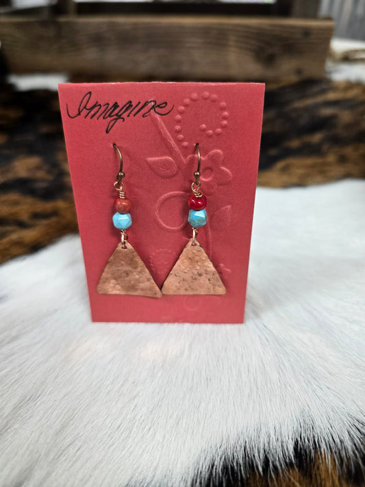 Copper Triangle Earrings with Turquoise and Coral Beads | Handmade by Local Artist Shar Leonard