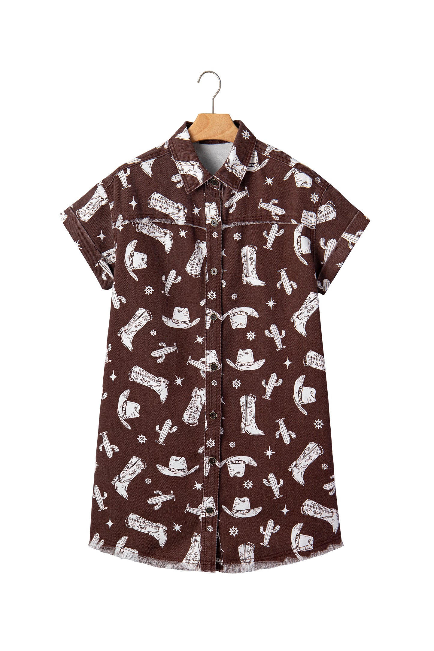 Brown Cowgirl Print Raw Edge Denim Dress