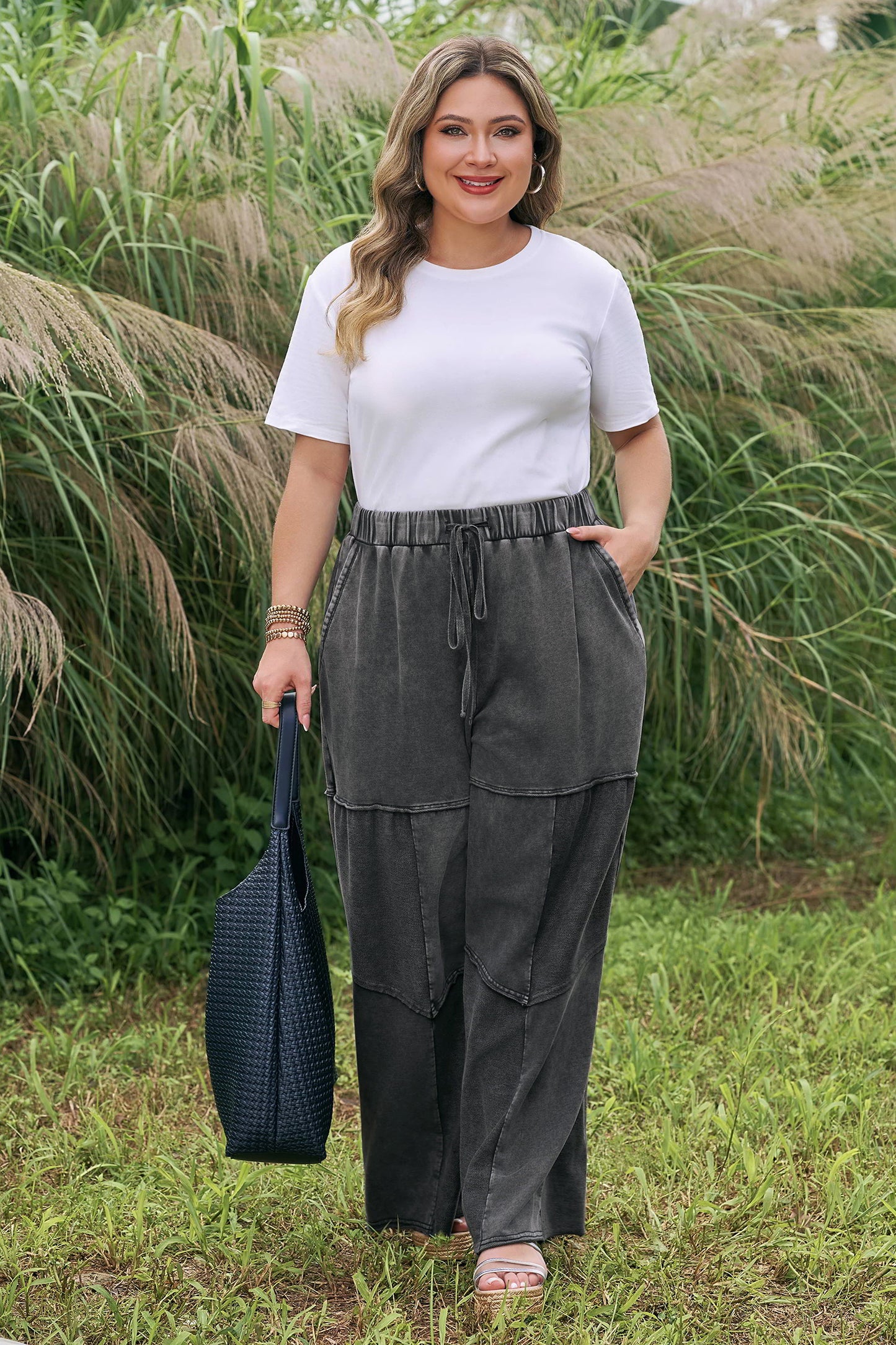 Black Mineral Wash Exposed Seam Drawstring Loose Pants 1X–4X