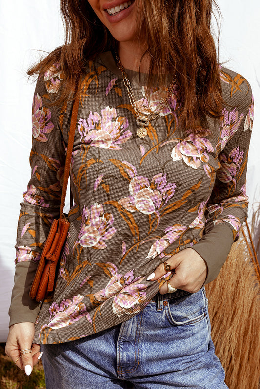 Brown Floral Waffle Knit Long Sleeve Top 🌸🤍