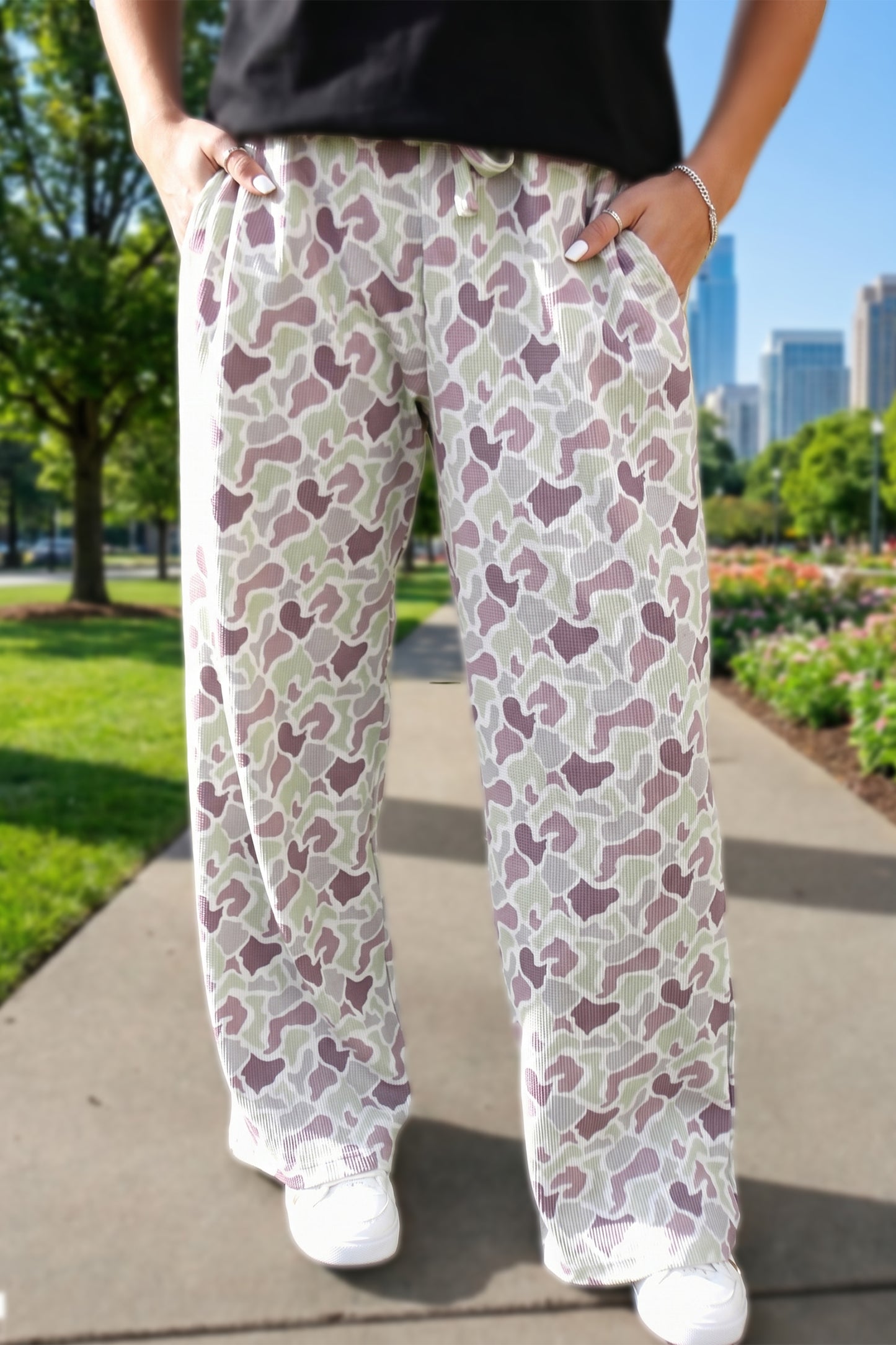 Green Camo Print Drawstring Loose Fit Full Length Pants