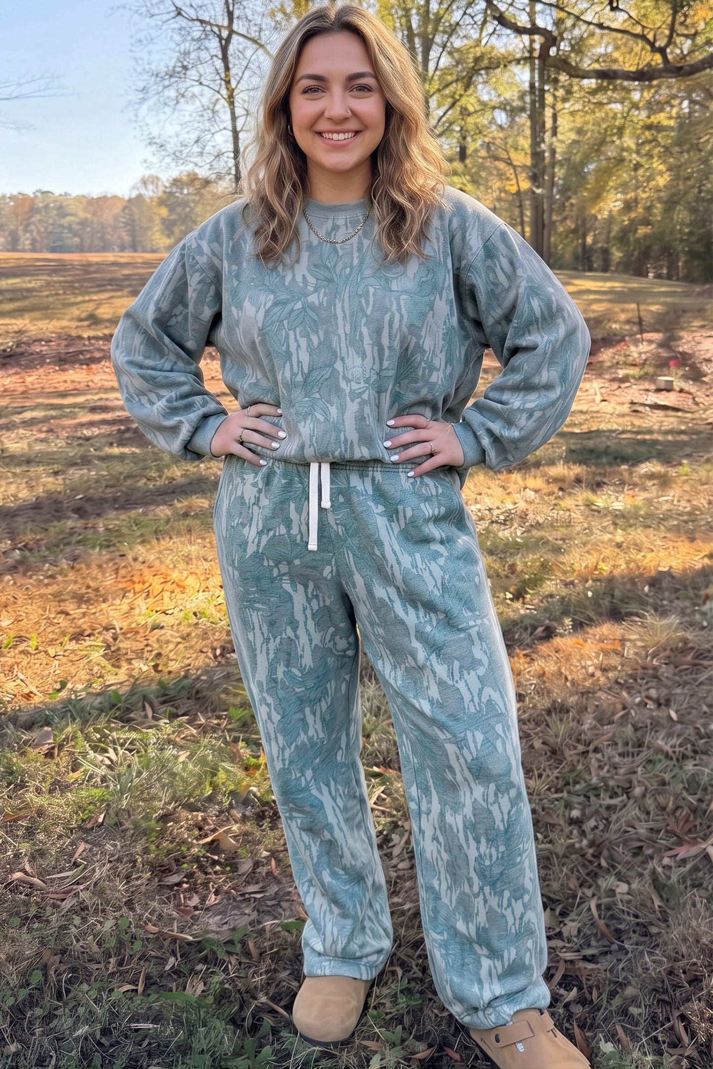 Multicolor Abstract Botanical Camo Pullover & Drawstring Pants Set 1X–4X