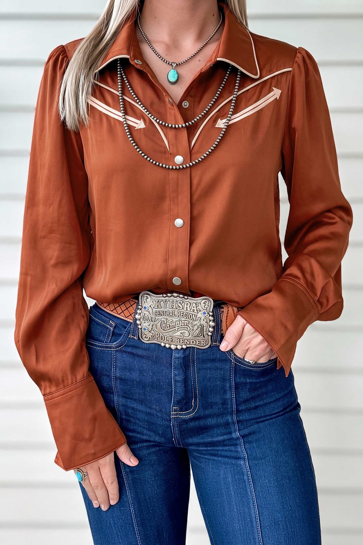 Cinnamon Silky Western Yoke Button-Front Shirt
