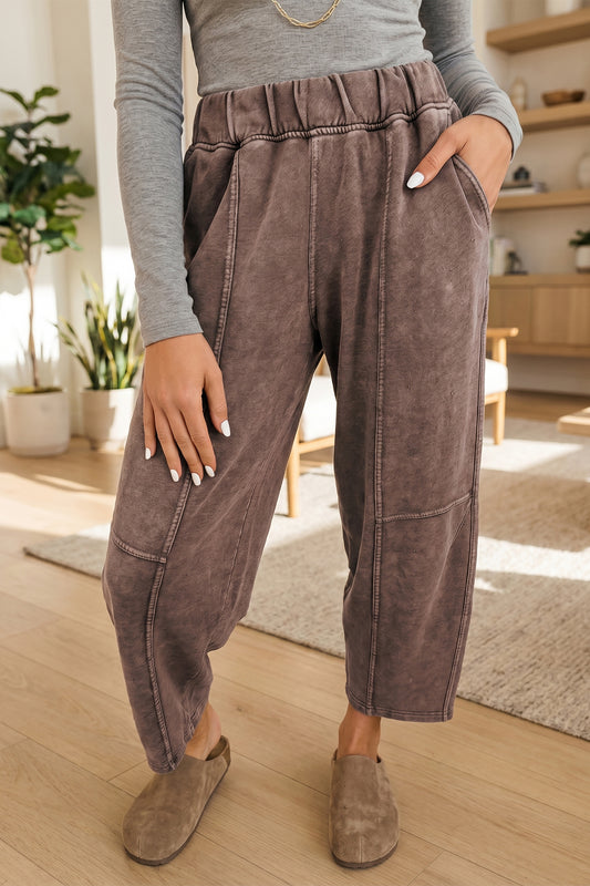 Coffee Mineral Wash Elastic Waist Barrel Pants