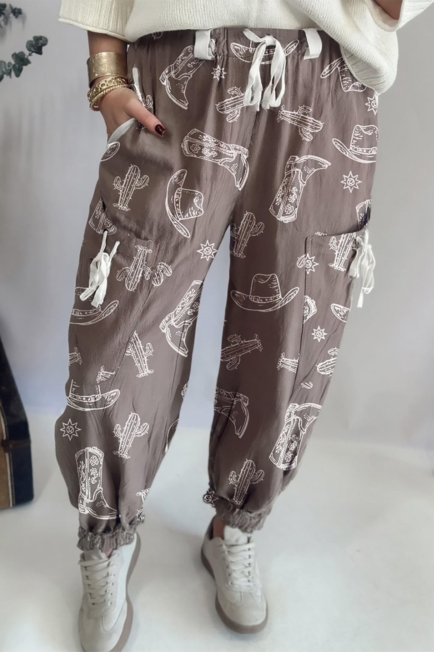 Khaki Western Print Drawstring Jogger Pants