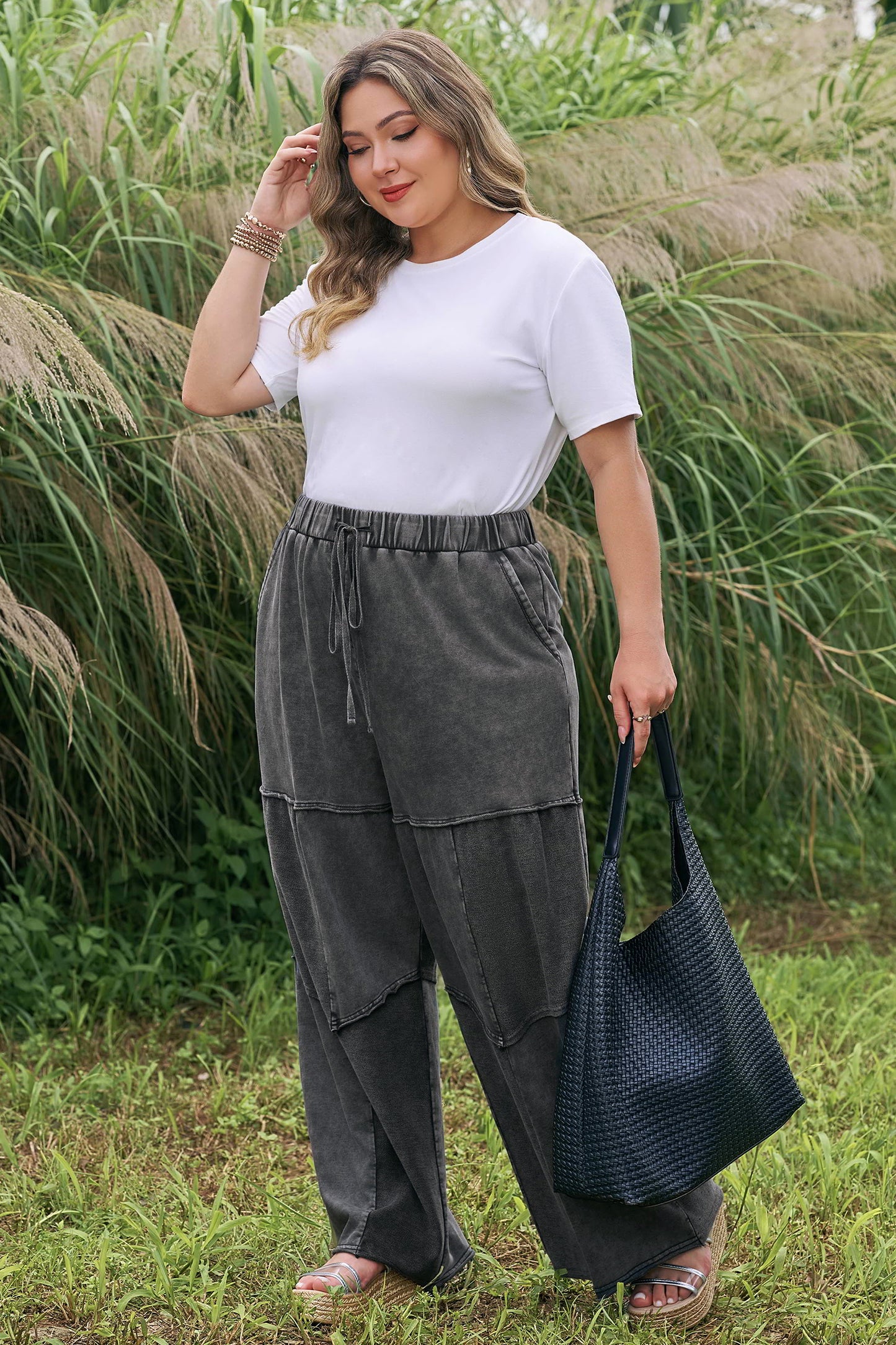 Black Mineral Wash Exposed Seam Drawstring Loose Pants 1X–4X