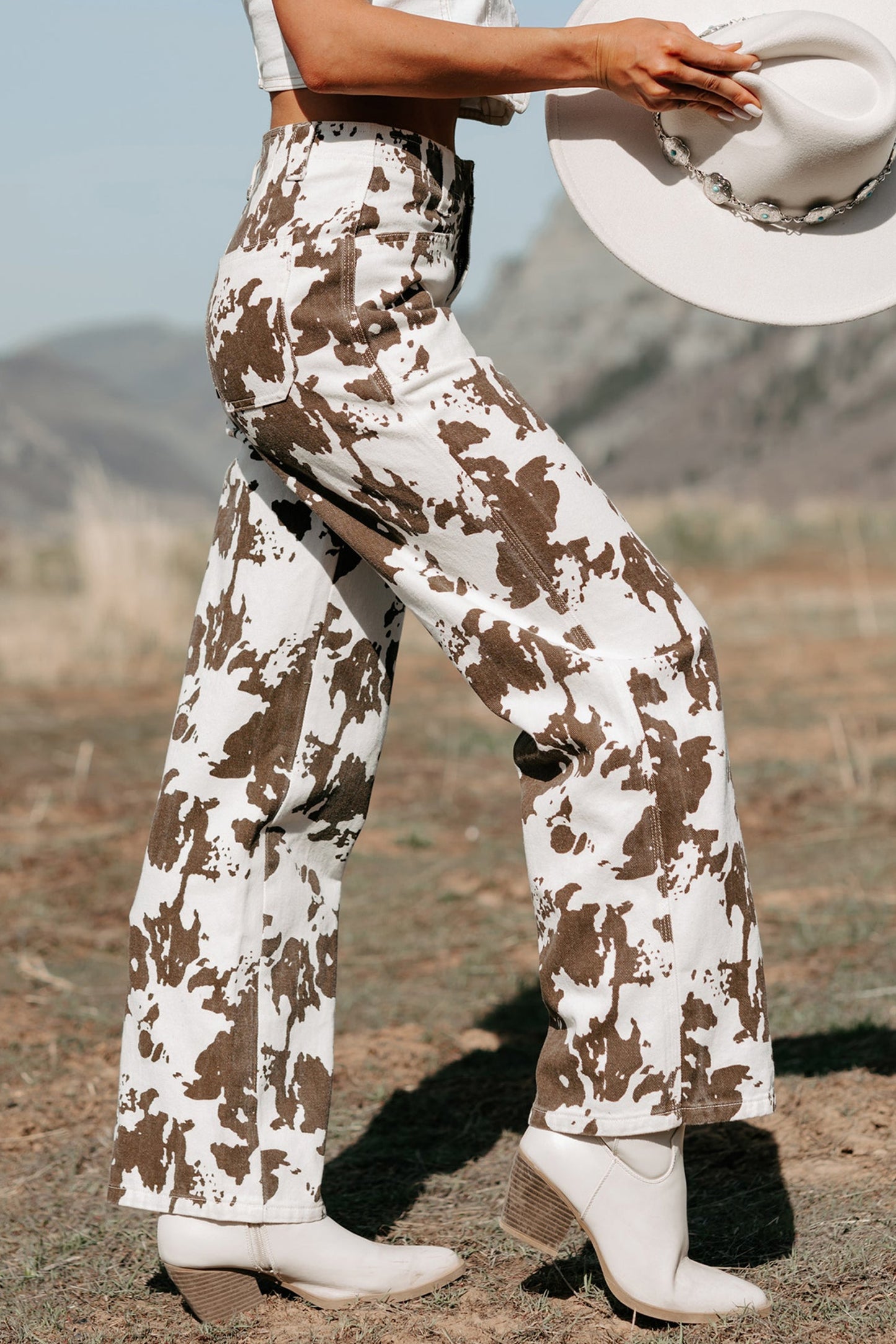 Brown Cow Print Wide Leg Western Jeans